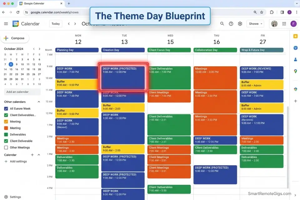 Screenshot of Google Calendar showing a time-blocked weekly plan using color-coded theme days.