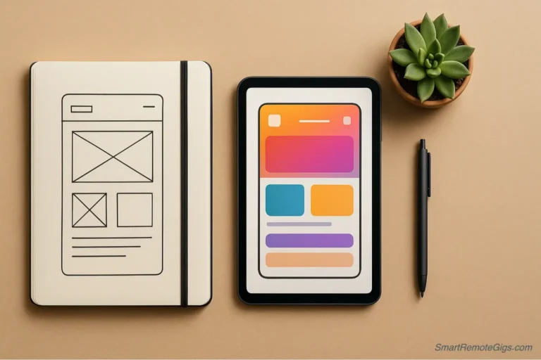 A designer's desk with a sketchbook, tablet, and plant, representing the process of building a professional portfolio from scratch.