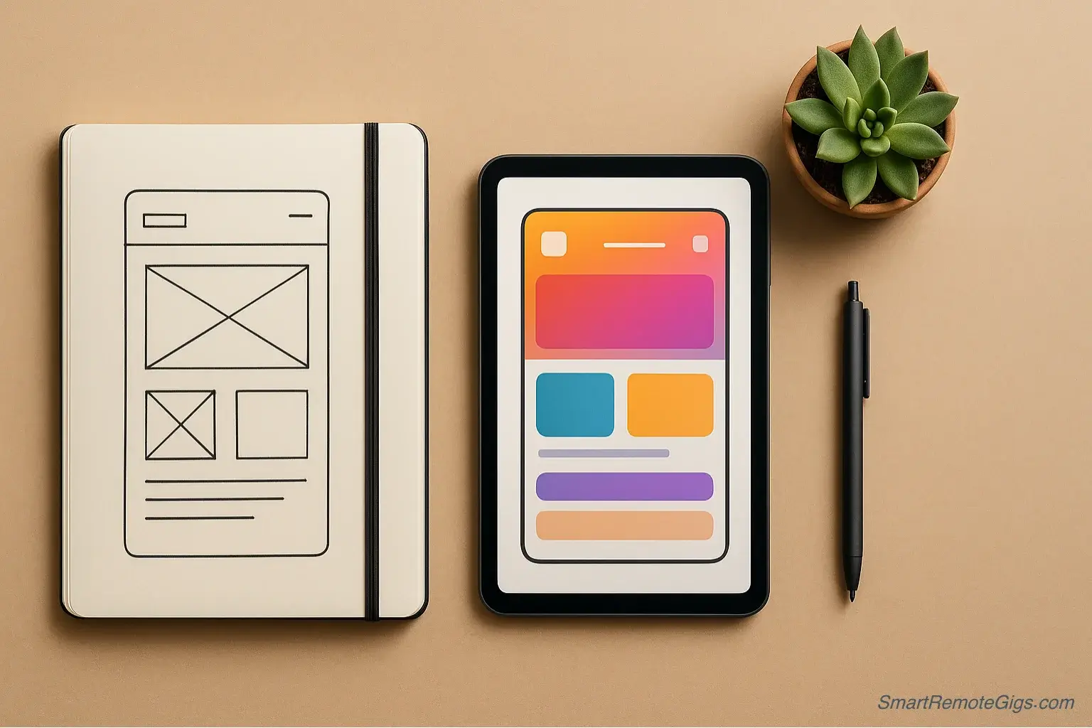 A designer's desk with a sketchbook, tablet, and plant, representing the process of building a professional portfolio from scratch.