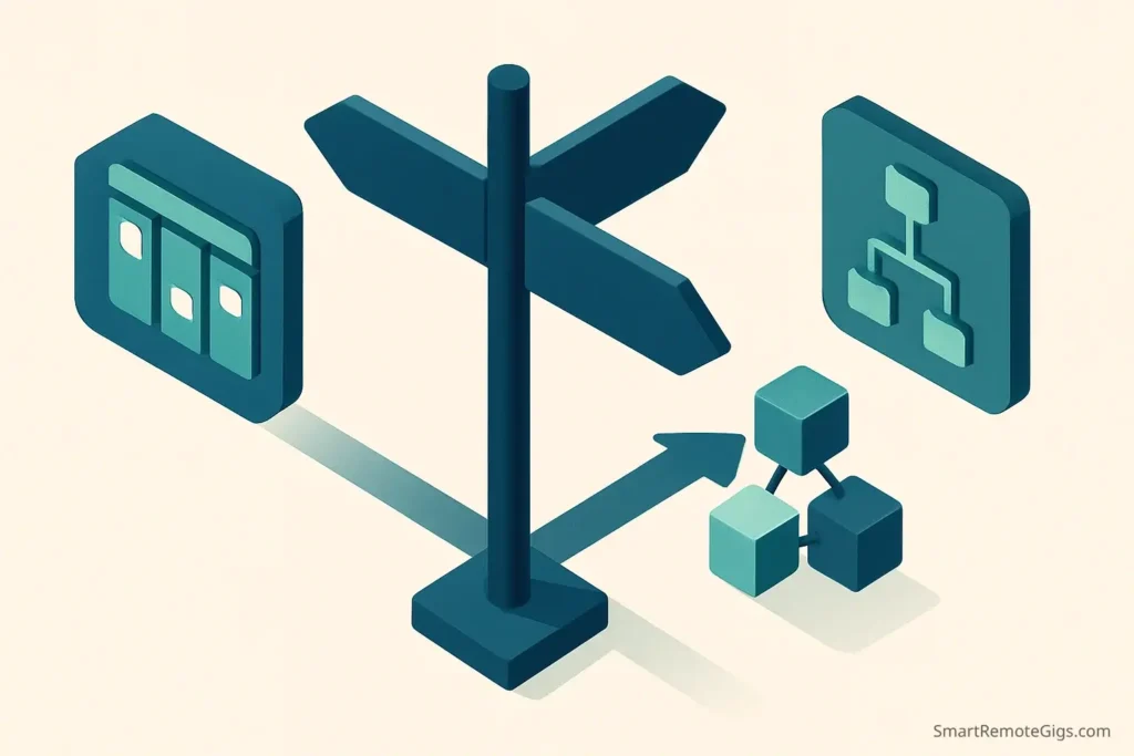 A 3D signpost helping a freelancer choose the right project management tool based on simplicity, features, or team growth.
