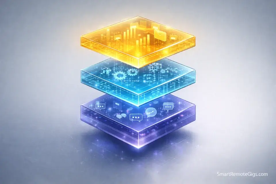 A 3D layered diagram showing the foundation, execution, and amplification layers of an AI stack.