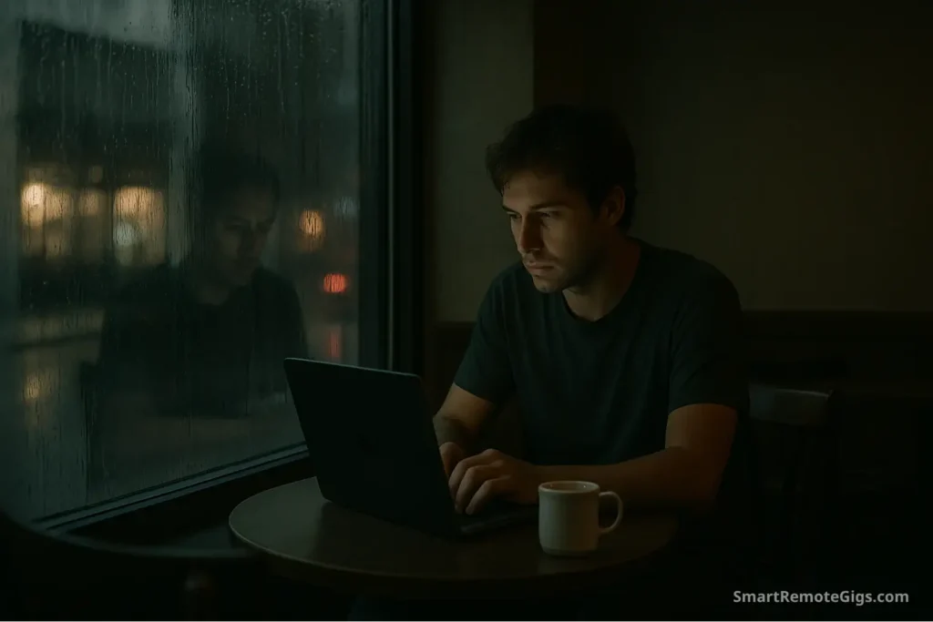 A lone traveler eats a meal at a cafe table, looking out at a rainy street, symbolizing the profound loneliness that can be a brutal truth of nomad life.