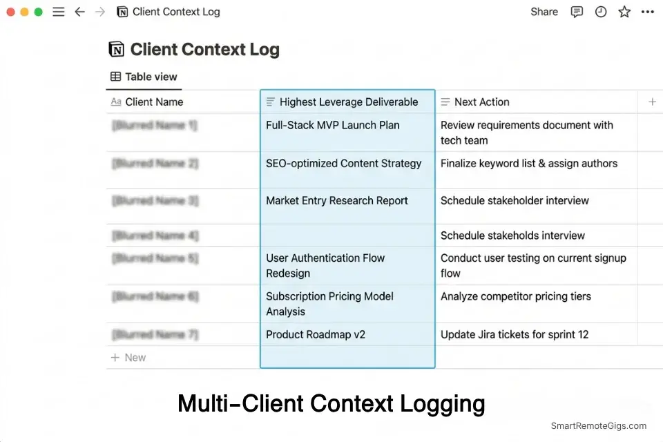 Screenshot of a Notion database used by freelancers for a multi-client context log and weekly planning.