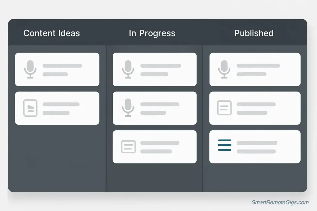 A professional-looking social media content calendar for a podcast, displayed in a project management tool as an example of a passion project for a portfolio.