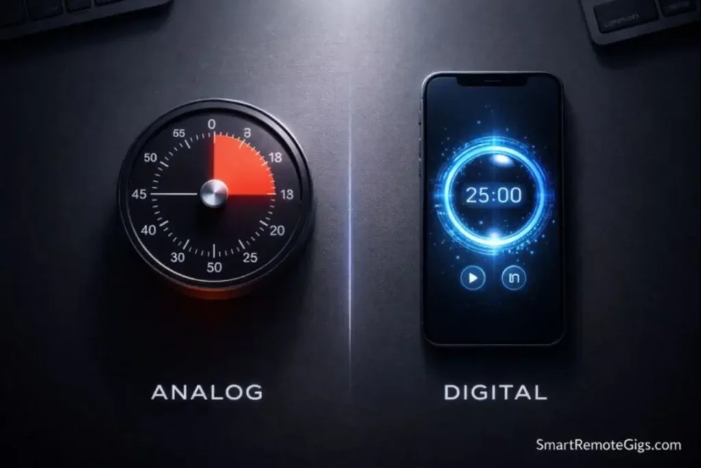 A top-down comparison of a physical red analog timer and a blue holographic smartphone app.