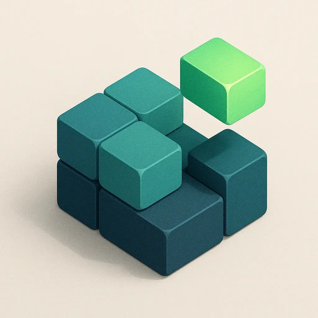 A 3D icon for the project management tool Notion, showing interconnected building blocks.
