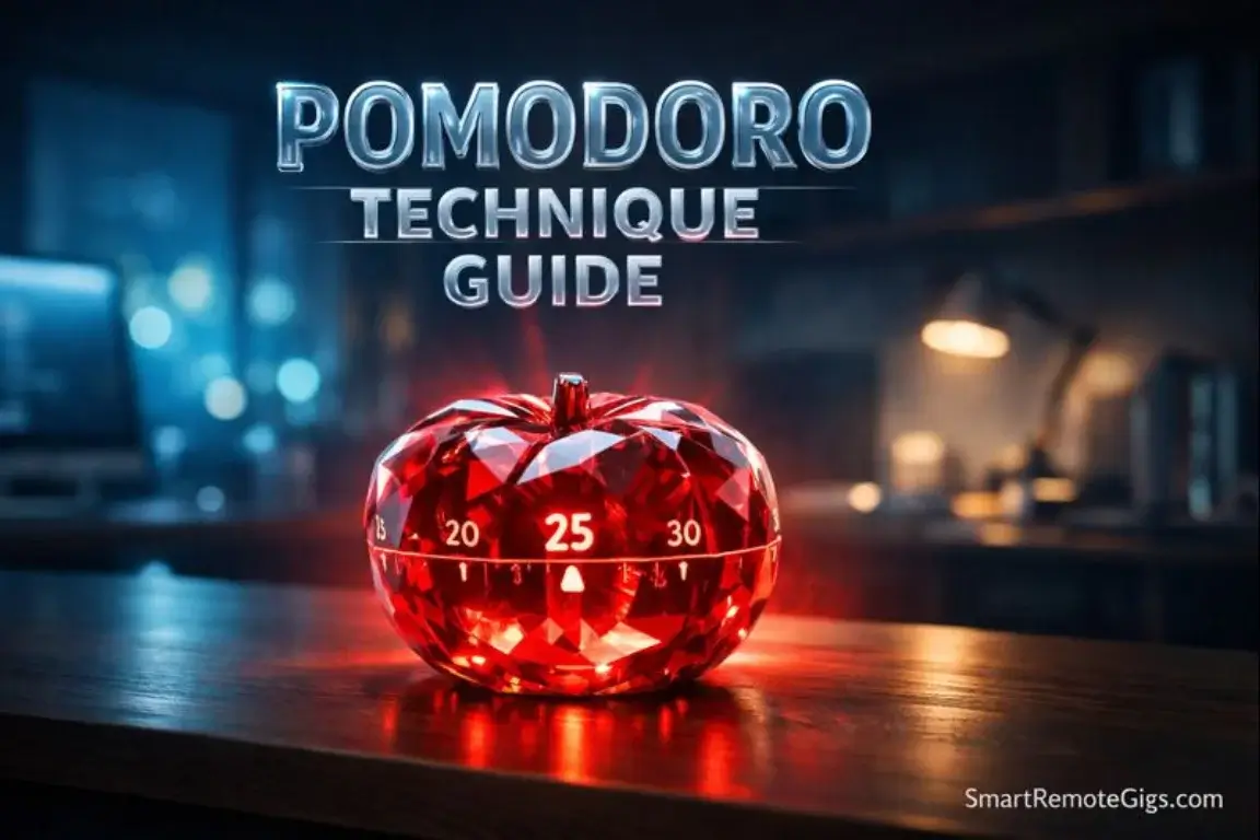 A glowing futuristic Pomodoro timer on a dark minimalist desk representing deep focus.