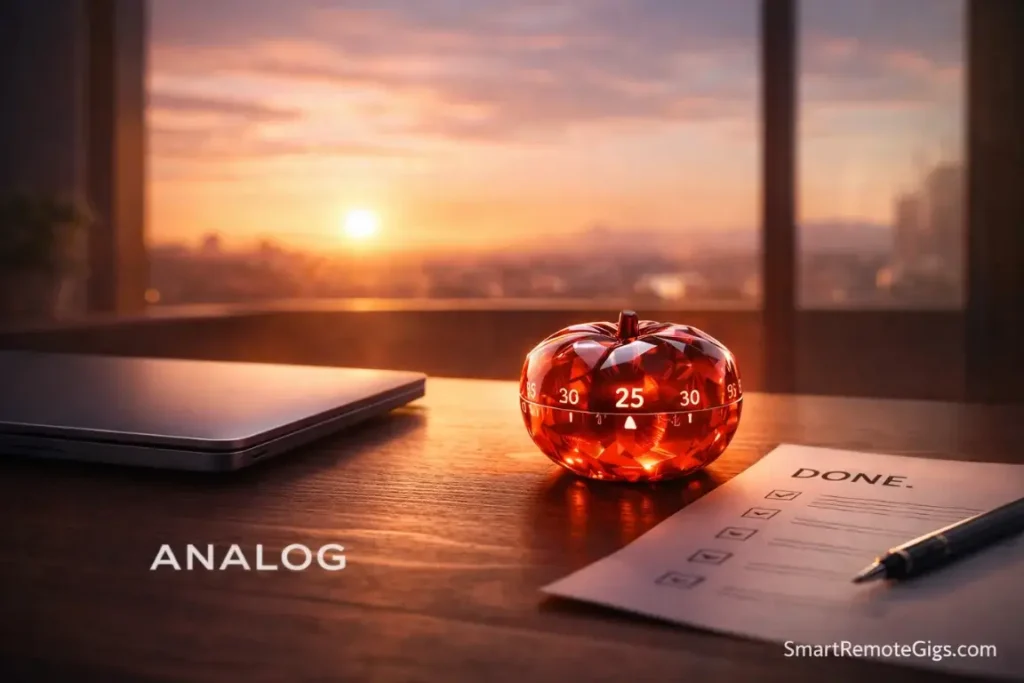 A closed laptop and a tomato timer on a desk at sunset, symbolizing a productive day completed.