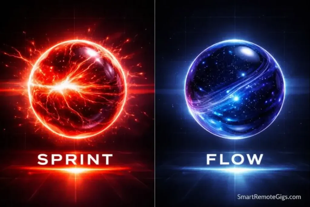 A comparison visual showing a red energy sphere for short sprints and a blue liquid sphere for deep flow states.