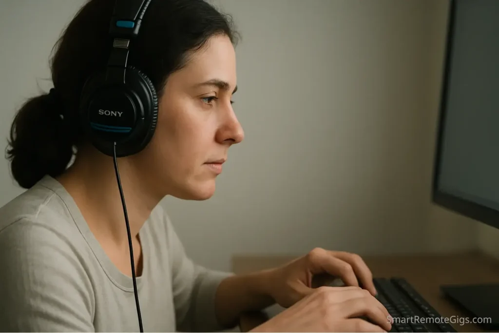 A focused remote transcriptionist wearing professional headphones, typing on a keyboard while listening intently to an audio file.