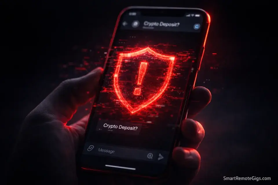 A smartphone displaying a suspicious Telegram job interview message with a red security warning overlay.