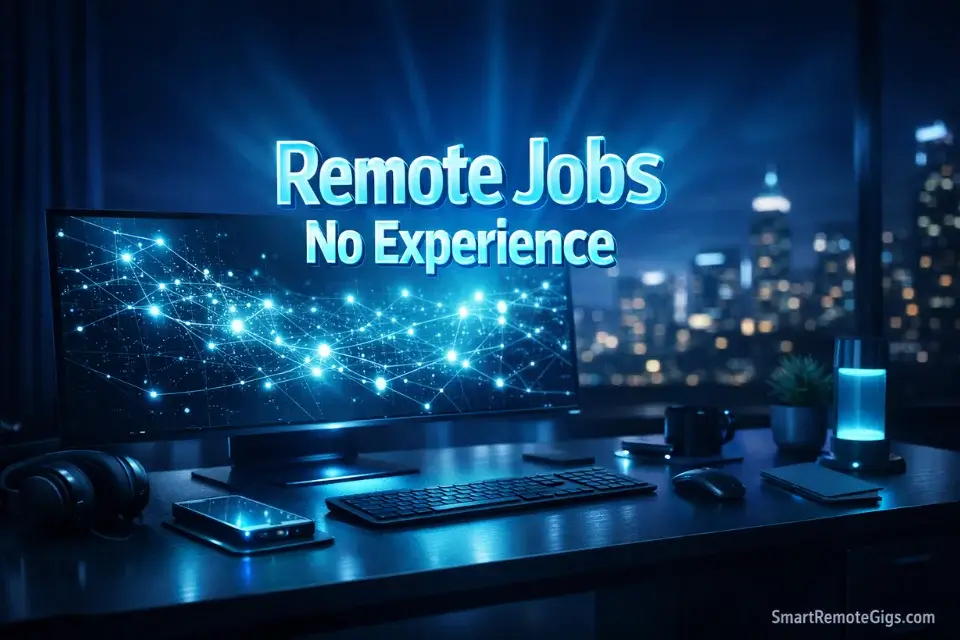 A futuristic home office setup displaying a 2026 roadmap for remote jobs with no experience required.