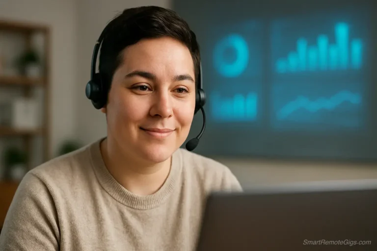 A professional remote Tier 1 tech support agent wearing a headset, working in a modern home office.