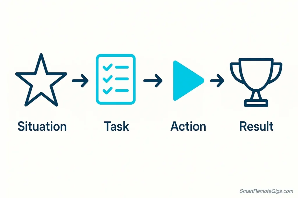 A diagram explaining the STAR method for interviews, with icons for Situation, Task, Action, and Result.
