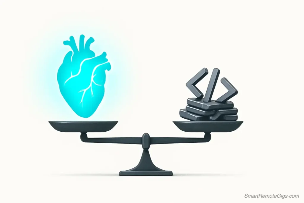 A conceptual image showing a glowing heart (representing empathy) outweighing computer code symbols on a scale, illustrating the importance of soft skills in tech support.