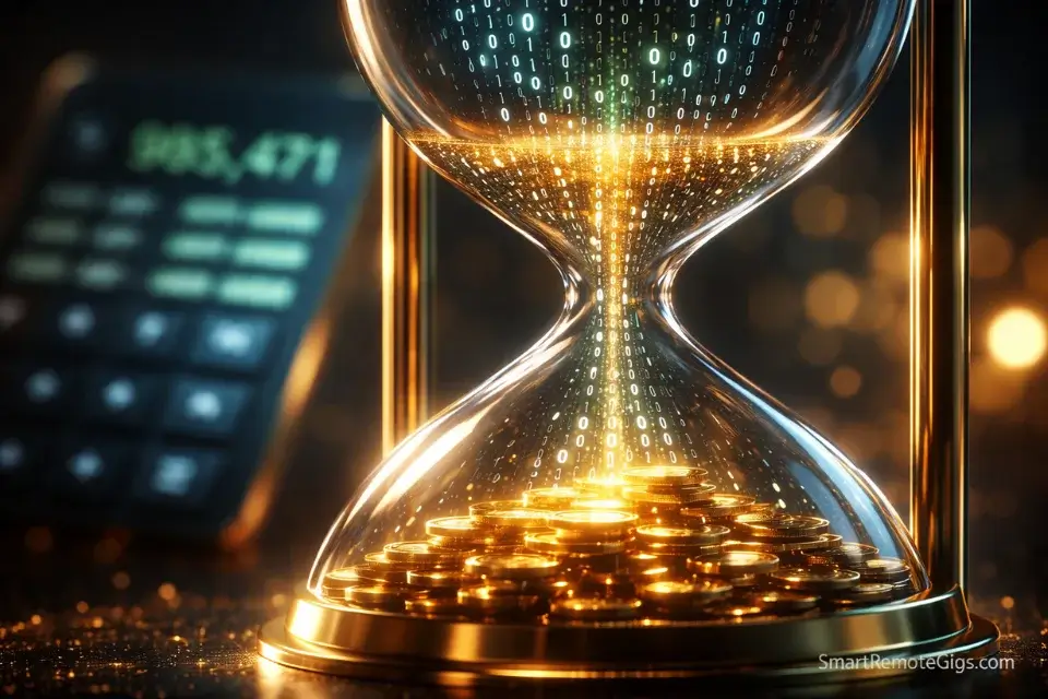 A metaphor for converting time savings into financial gain using an hourly rate calculator.