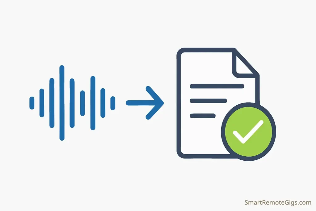 Illustration showing a document with a green checkmark next to an audio wave symbol, representing a successfully passed transcription skills test.