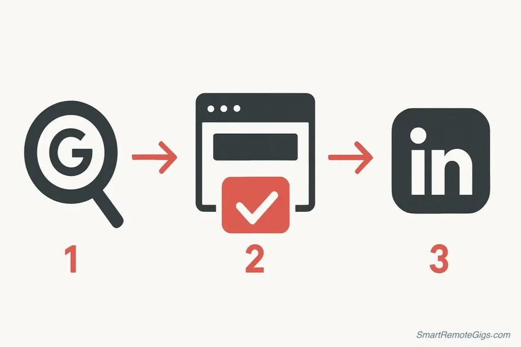 A diagram showing the 3-step process to verify a remote job: 1. Google the company, 2. Verify the website, 3. Check LinkedIn.