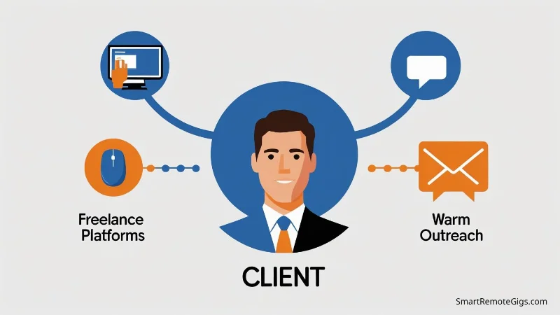Illustration showing three paths leading to a client icon: one path for freelance platforms, one for social media, and one for direct email outreach.
