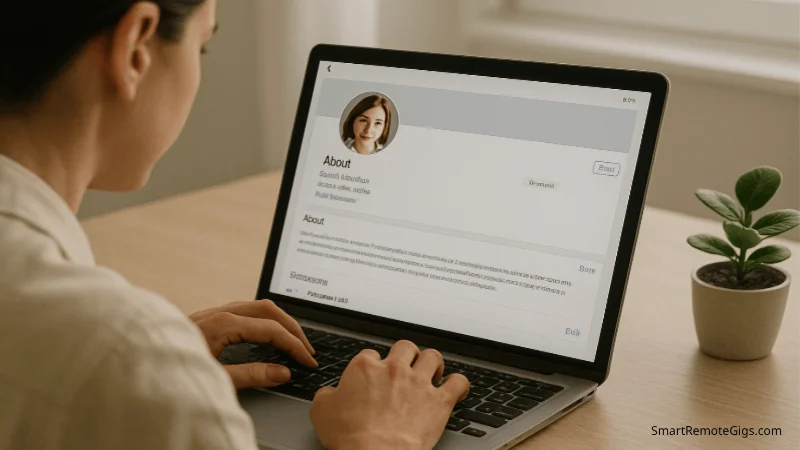 A focused professional looking at their laptop screen, which shows a LinkedIn profile page, as they write a post announcing their new virtual assistant services.