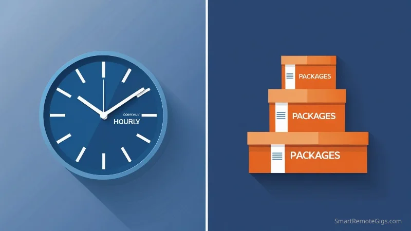 Comparison graphic showing two pricing models for a virtual assistant: hourly rates represented by a clock icon on the left, and service packages represented by three tiered boxes on the right.