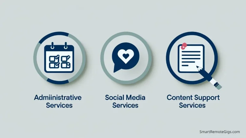 Infographic showing the three main service categories for a new virtual assistant: Administrative Services, Social Media Services, and Content Support Services, each with a representative icon.