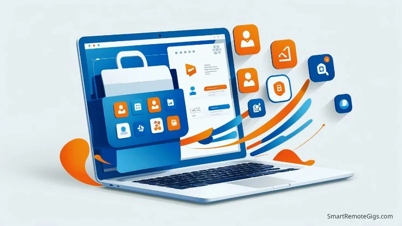 Illustration of a digital toolbox filled with modern software application icons, representing a virtual assistant's essential toolkit.