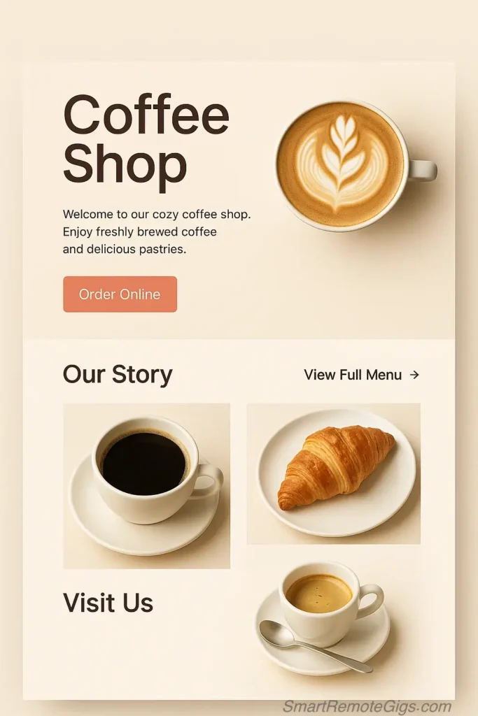 An example of a poorly designed coffee shop website before a professional redesign, showing a cluttered and dated layout.