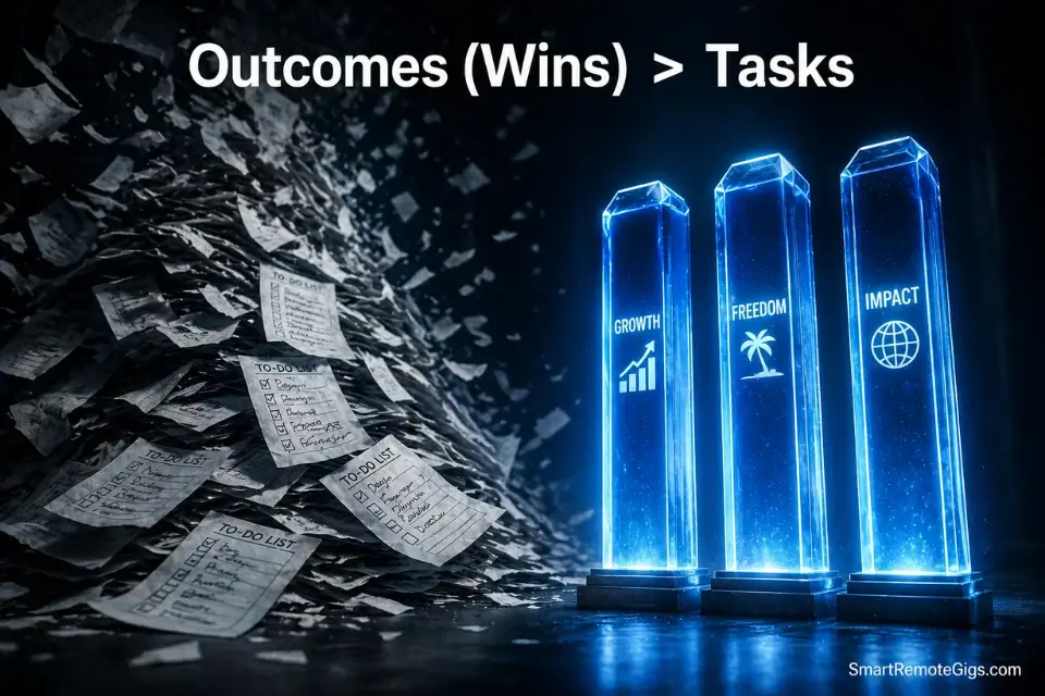 Conceptual 3D image showing the difference between a chaotic task list and three structured, clear weekly outcomes.