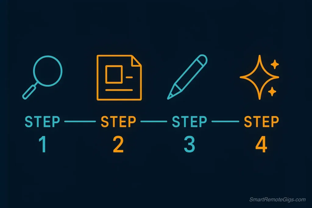 An infographic illustrating the 4 steps to writing a blog post with AI in 30 minutes: Research, Outline, Draft, and Edit.