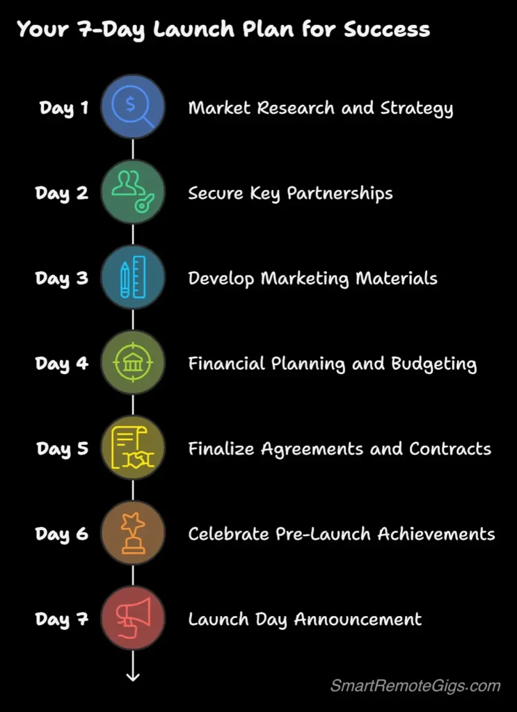 An infographic detailing the 7-day launch plan for a new side hustle. Each day has an icon: Day 1 validation, Day 2 branding, Day 3 logo, Day 4 finances, Day 5 first client, Day 6 delivery, Day 7 testimonial.