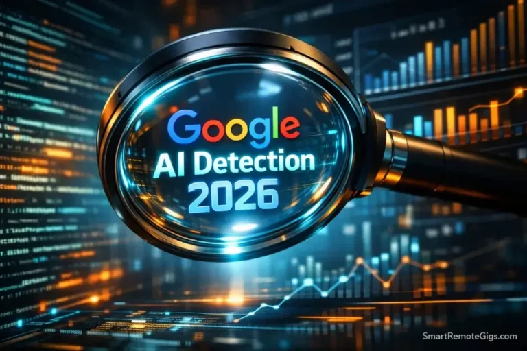 Cinematic 3D visualization of a digital magnifying glass analyzing search algorithms, displaying the Google AI Detection 2026 title.