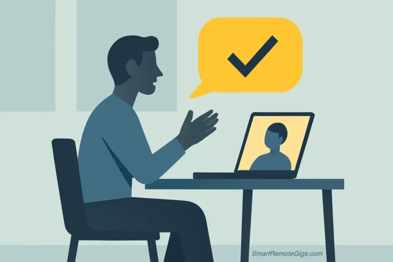 An illustration of a person confidently acing a Zoom interview in a professional home office setup.