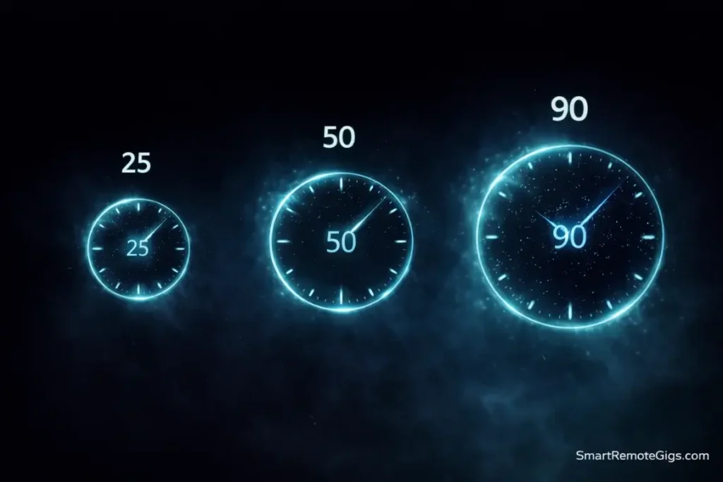 Three glowing indigo clock dials showing the progression from standard to advanced Pomodoro intervals.