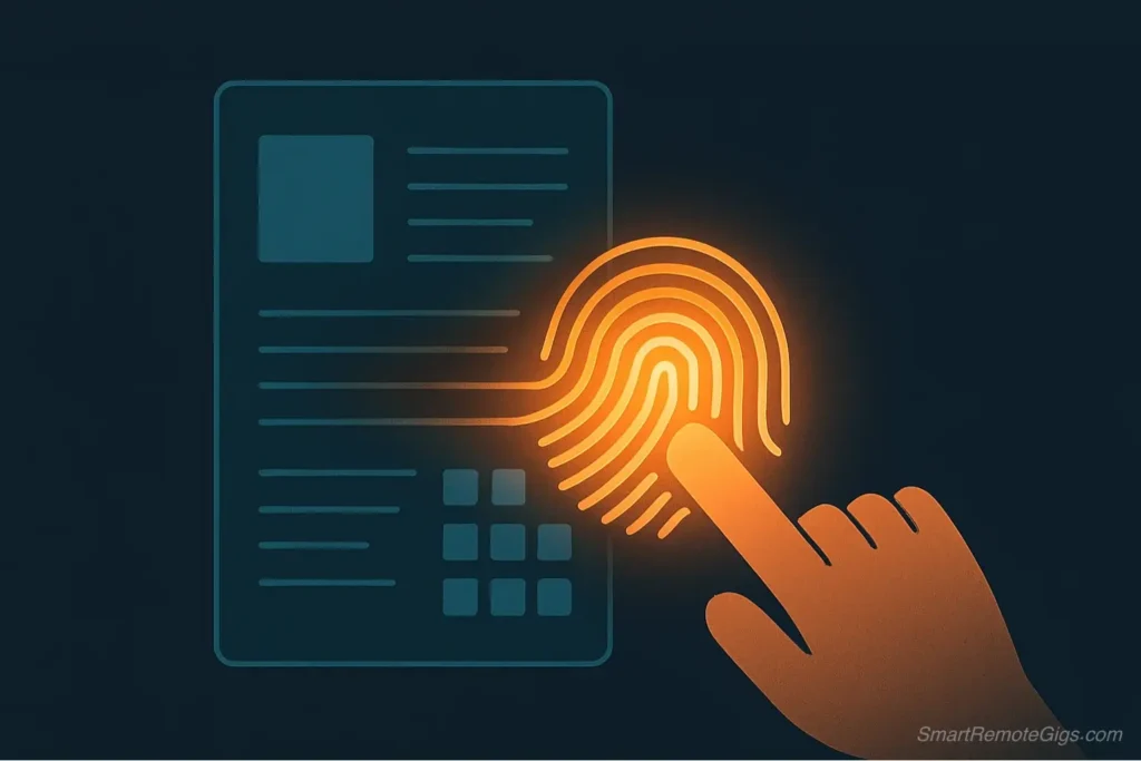 A symbolic illustration of adding unique personal experience to AI content, represented by a glowing fingerprint being pressed onto a digital document.