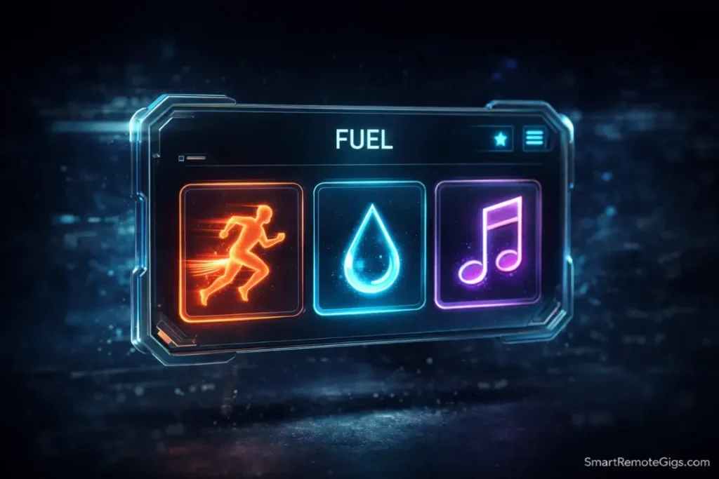 A futuristic digital menu of glowing neon icons representing different restorative break activities.