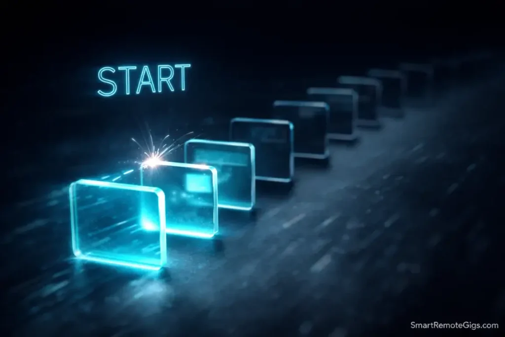 Glowing digital tiles showing a spark of light jumping across them, symbolizing the start of a micro-sprint.