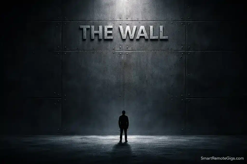 A minimalist silhouette facing a massive rusted metal wall, representing the ADHD emotional barrier to starting tasks.