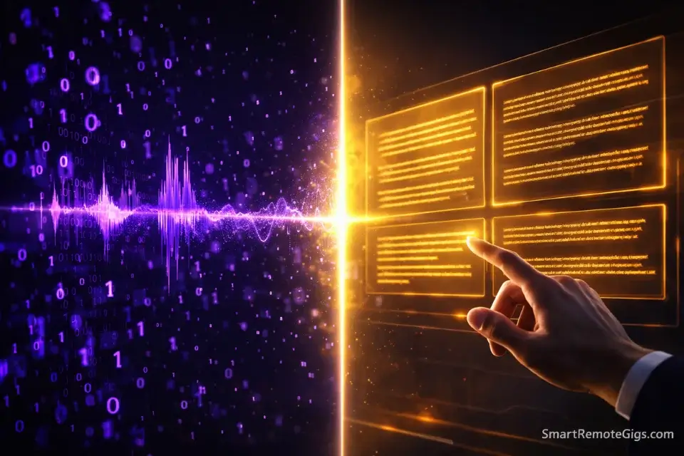 Visual metaphor of a human editor refining AI-generated transcription drafts into accurate text.