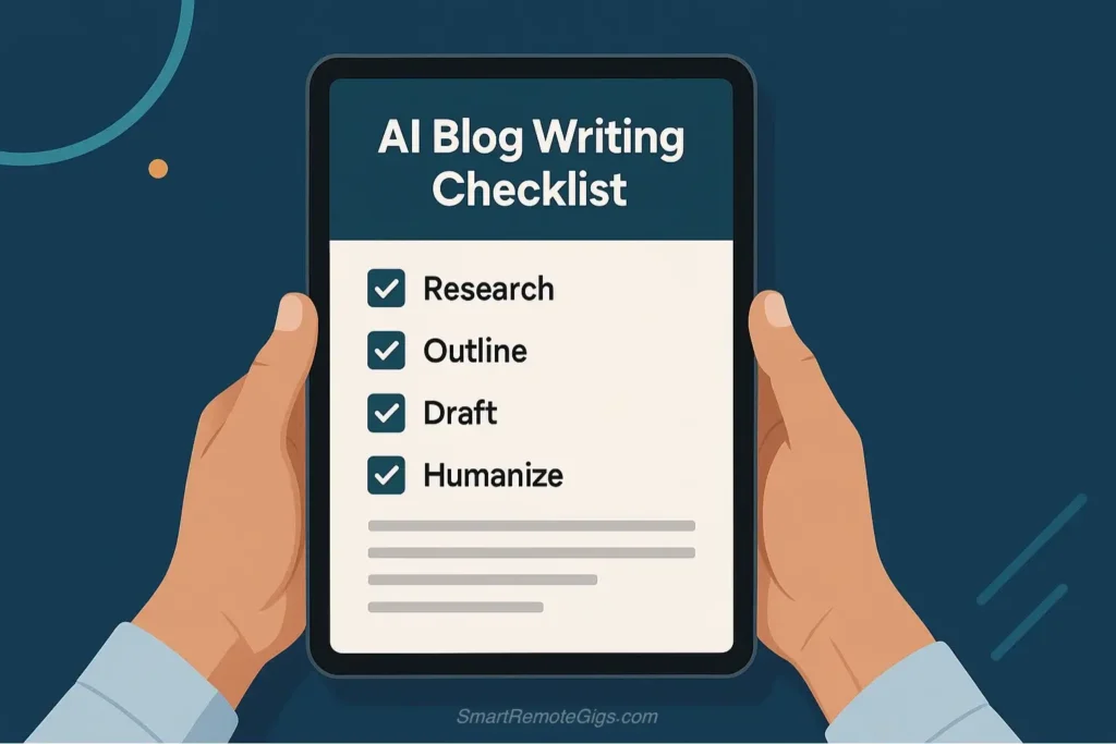 A mockup of the free AI blog writing checklist download, showing key steps for creating high-quality posts.