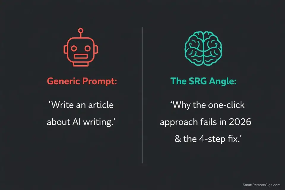 Infographic showing the difference between a generic AI prompt and a highly specific, differentiated content angle.