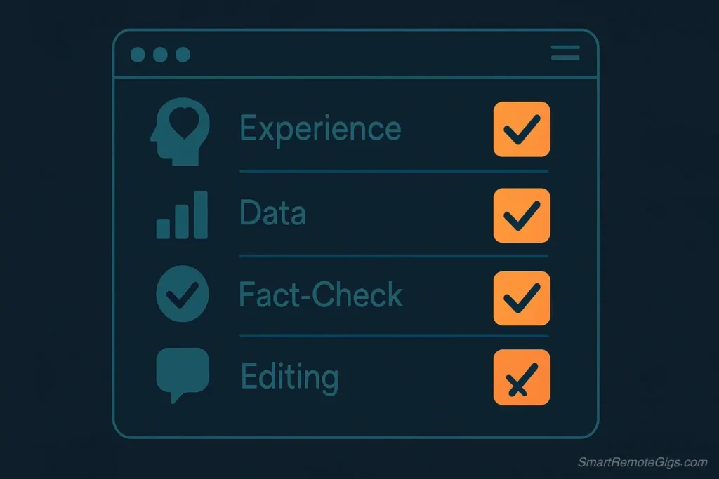 An infographic of a digital safety checklist for creating human-proof AI content, showing icons for experience, data, fact-checking, voice, and editing.