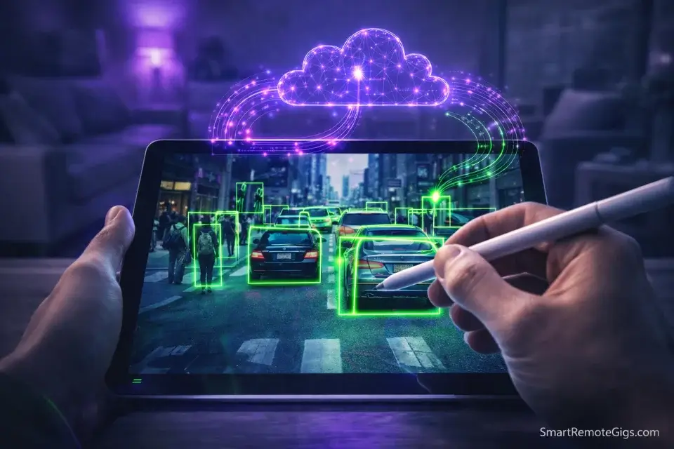 A remote worker performing AI data annotation by drawing bounding boxes on images.