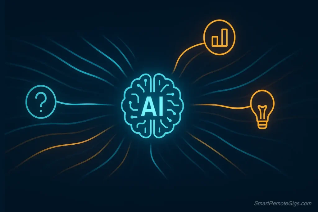An abstract illustration of AI powering content research, with glowing data streams of insights and statistics flowing into a central node.
