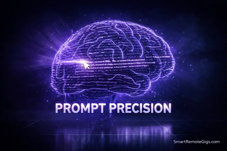 A 3D visualization of AI prompt engineering showing the intersection of language and technology.