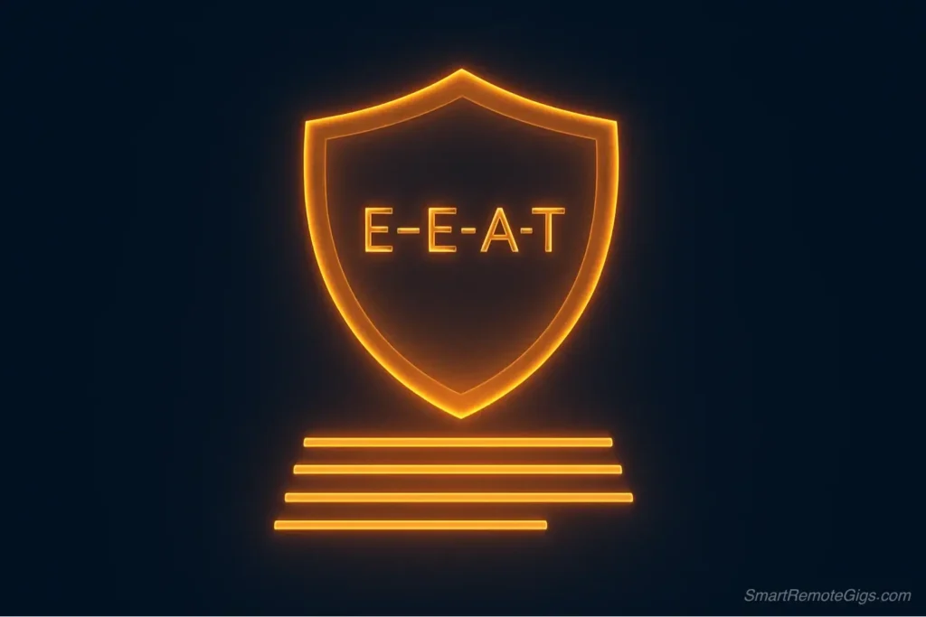 A digital shield icon with E-E-A-T, symbolizing how an AI prompt can be used to generate content that demonstrates Experience, Expertise, Authoritativeness, and Trustworthiness.
