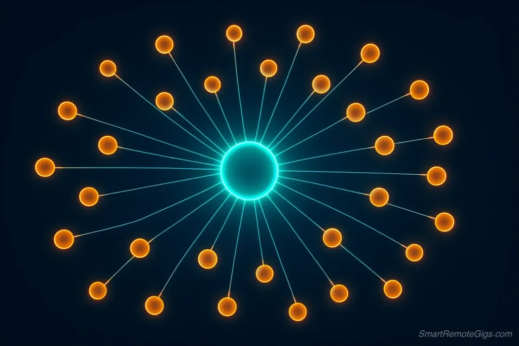 A digital topic cluster map illustrating how an AI prompt can be used to generate a topical authority outline for SEO.