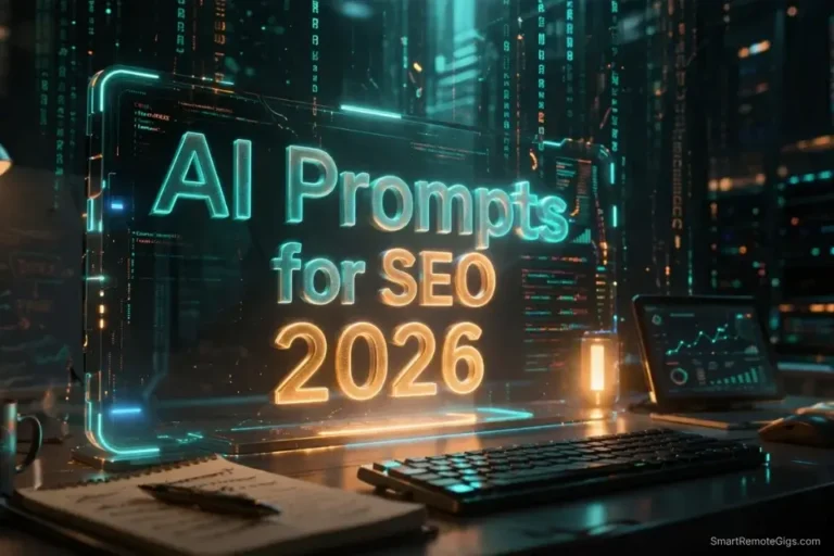 Cinematic 3D visualization of a futuristic digital terminal displaying the AI Prompts for SEO 2026 guide.