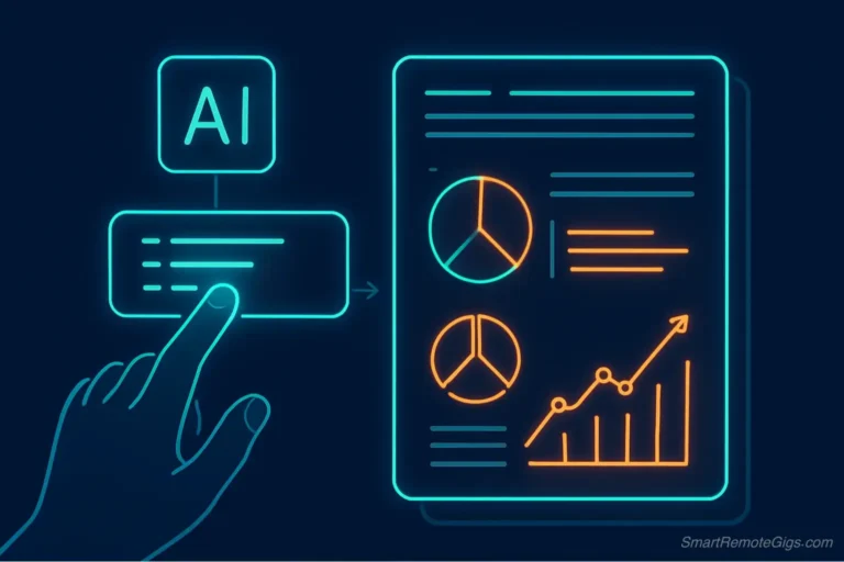 A user typing a specific AI prompt into a futuristic interface to generate high-ranking SEO content with positive performance graphs.