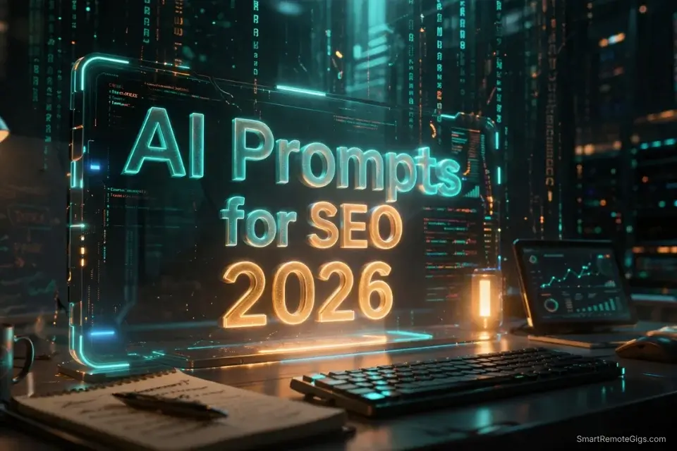 Cinematic 3D visualization of a futuristic digital terminal displaying the AI Prompts for SEO 2026 guide.